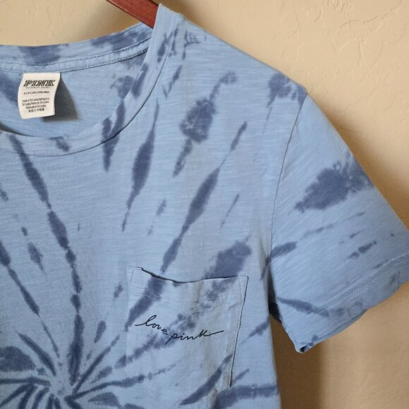 PINK Victoria's Secret Blue Tie Dye Love Pink Pocket Tee Shirt - Picture 3 of 15
